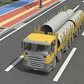 Yellow Heavy-Duty Transport Truck Carrying Large Concrete Pipes on the Road with Trees