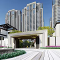 Modern Residential Entrance Garden Landscape With Greenery And High Rise Buildings