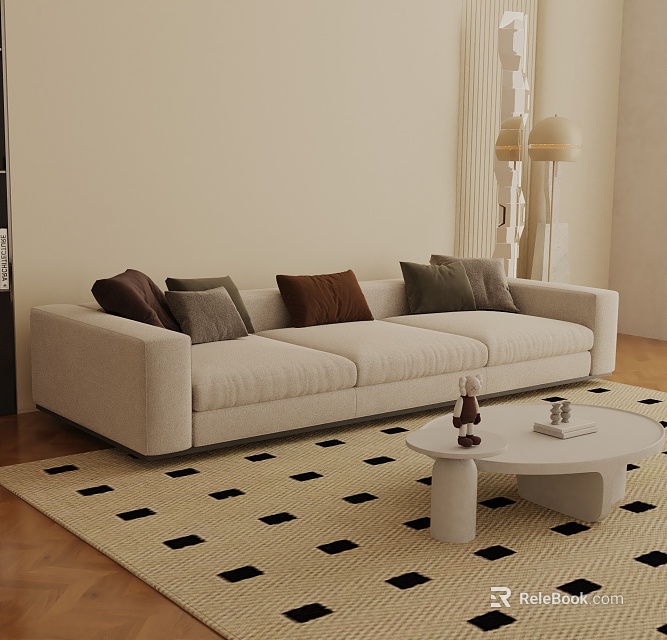 Three Seater Beige Sofa with Brown Gray Cushions Round White Coffee Table Black White Rug 3d model 