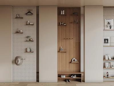 Modern Perforated Panel Wall Decor With Wooden Shelves Decorative Hooks And Shoes Storage 3d model