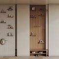 Modern Perforated Panel Wall Decor With Wooden Shelves Decorative Hooks And Shoes Storage