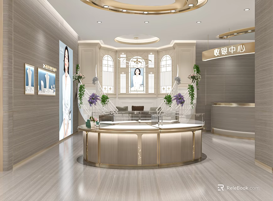 Elegant Jewelry Store Interior Design With Round Display Counter Gold Accents Decorative Plants And Lighting 3d model 