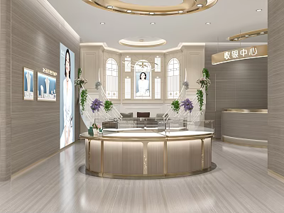 Elegant Jewelry Store Interior Design With Round Display Counter Gold Accents Decorative Plants And Lighting 3d model