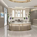 Elegant Jewelry Store Interior Design With Round Display Counter Gold Accents Decorative Plants And Lighting