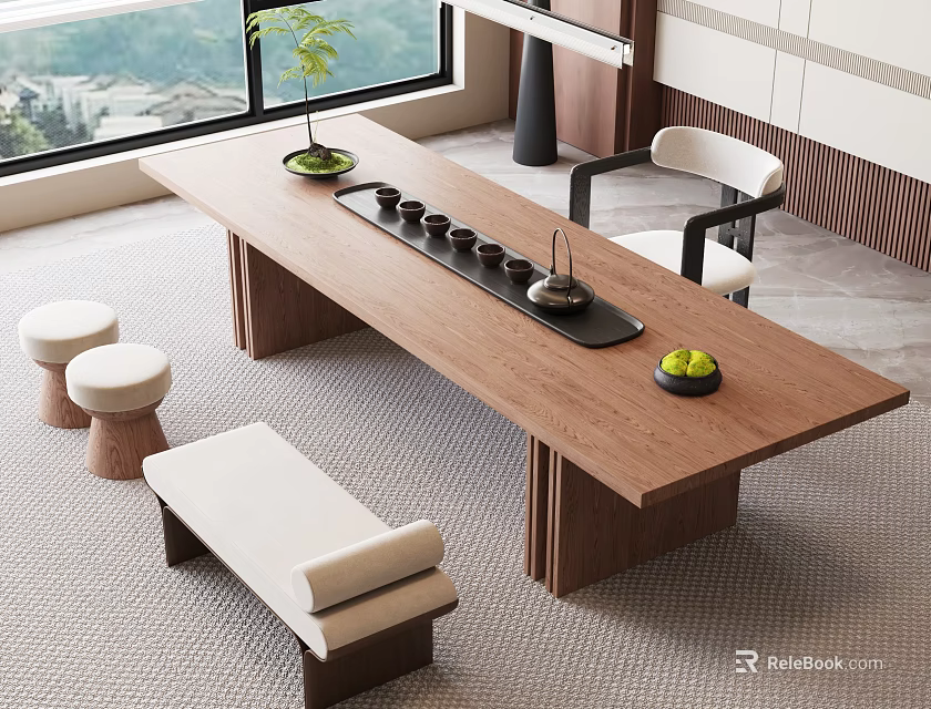 Modern Wooden Tea Table And Chairs With Tea Sets Green Plants And Window View 3d model 