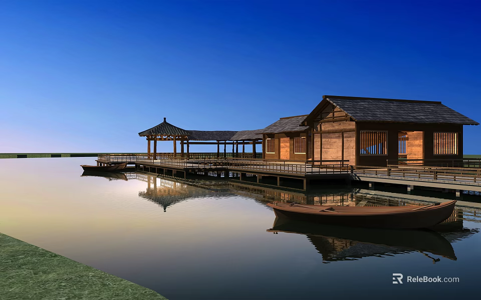 Scenic Wooden House with Pavilion and Pier by Calm Water and Boat Reflection 3d model 