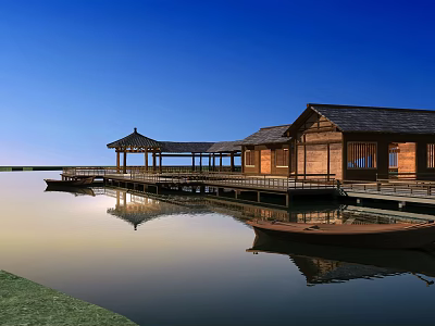 Scenic Wooden House with Pavilion and Pier by Calm Water and Boat Reflection 3d model