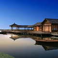 Scenic Wooden House with Pavilion and Pier by Calm Water and Boat Reflection