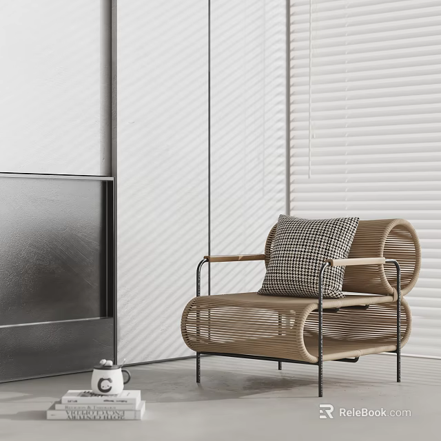 Rattan Leisure Chair with Metal Frame and Checkered Cushion in Modern Interior 3d model 