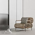 Rattan Leisure Chair with Metal Frame and Checkered Cushion in Modern Interior