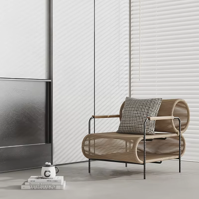 Rattan Leisure Chair with Metal Frame and Checkered Cushion in Modern Interior 3d model