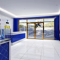 Modern Retail Store Interior With Blue Counters Display Shelves And Product Bottles