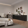 Elegant Bedroom Interior With Upholstered Bed Accent Chair Vanity Table And Floor Lamp