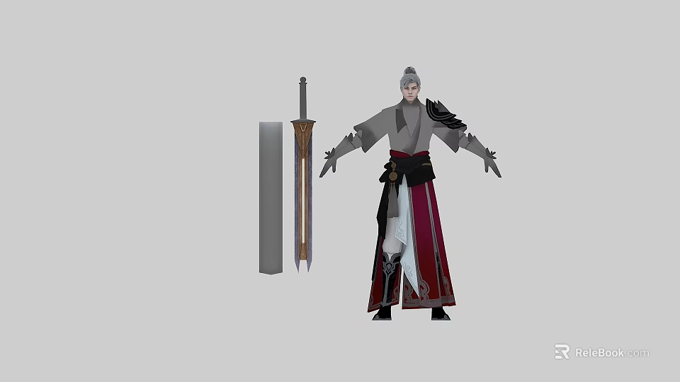 Ancient Man with White Hair in Traditional Robes Standing Beside Long Sword and Scabbard 3d model