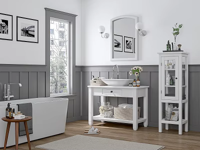 White Bathroom Vanity With Mirror Cabinet Bathtub And Decorative Items In Bright Room 3d model