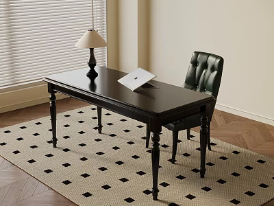 Dark Wood Desk With Table Lamp And Laptop On Checkered Rug In Home Office 3d model