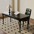 Dark Wood Desk With Table Lamp And Laptop On Checkered Rug In Home Office