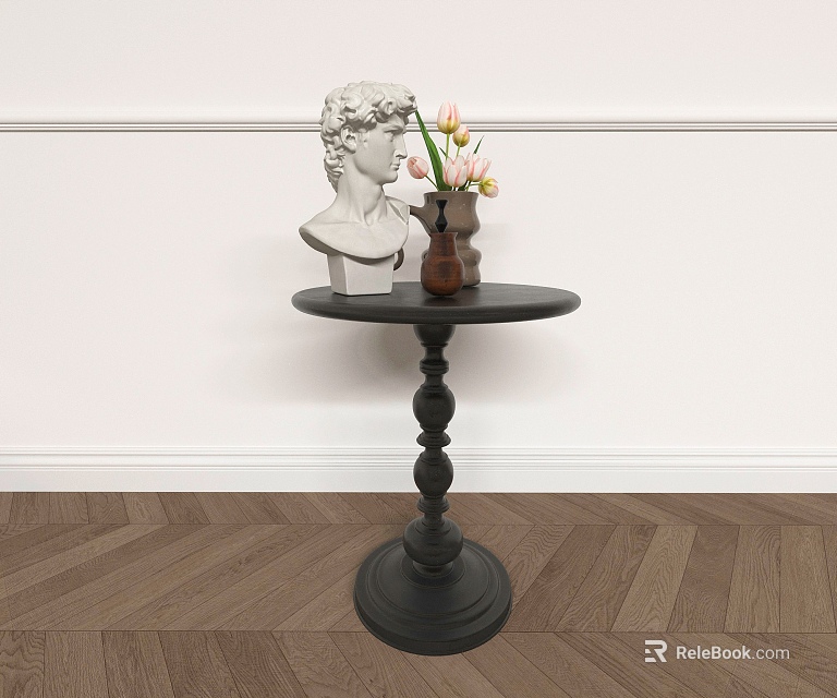 Black Circular Side Table With White Sculptural Head And Vase On Herringbone Wooden Floor 3d model 