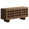 Modern Wooden TV Stand With Grid Pattern Doors Walnut Finish Three Compartments Storage Spaces