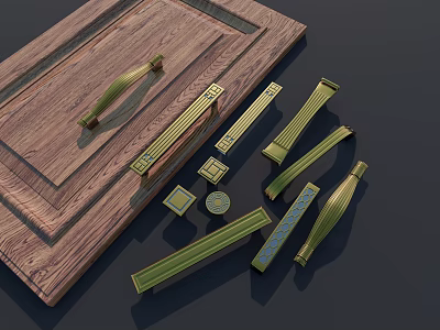Various Cabinet Handles In Different Styles With Wooden Door Panel And Brass Finishes 3d model
