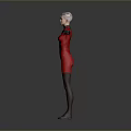 Woman in Red Bodysuit with Short Hair and Outstretched Arms Against Gray Background