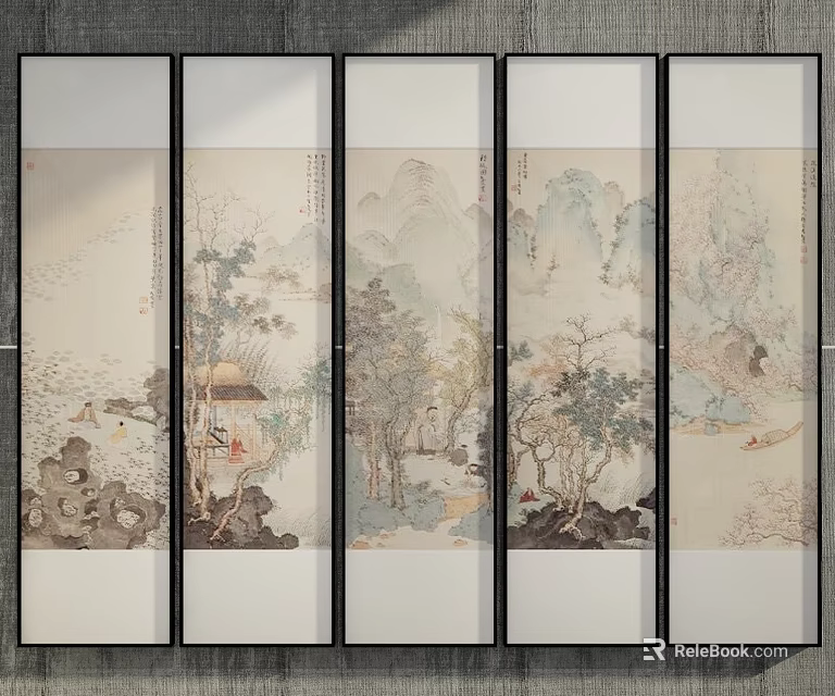 Abstract Painting Five Panel Screen with Traditional Landscape Mountains Trees and Cottages Ink Style 3d model 