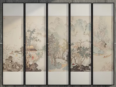 Abstract Painting Five Panel Screen with Traditional Landscape Mountains Trees and Cottages Ink Style 3d model