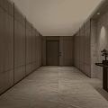 Elevator Hallway Interior With Wooden Marble Walls Gray Flooring And Pendant Lights
