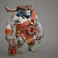 Horned Muscular Mythical Game Movie Character With Orange Armor Axe Clawed Feet And Red Gem