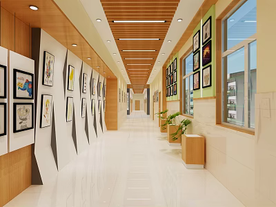 Modern Elevator Corridor Interior With Artworks Plants And Windows Design 3d model