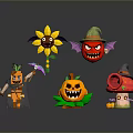 Halloween Cartoon Characters With Pumpkin Devil Sunflower Witch Hat And Mushroom 3d model