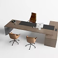 Modern Wooden Office Desk Setup With Black Surface Computer And Three Chairs 3d model