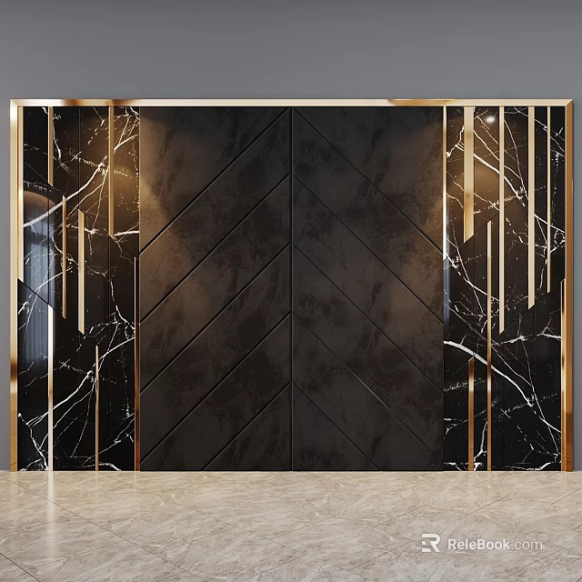 Elegant Black Wall Decor With Gold Frame Herringbone Pattern Marble Texture And Vertical Lines 3d model