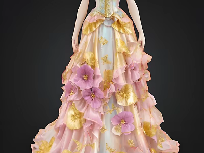 Elegant Decorative Figurine With Pink Gold Floral Gown And Ruffled Skirt 3d model