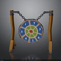 Dartboard Setup With Orange Stand Blue Board Numbers And Hanging Chains
