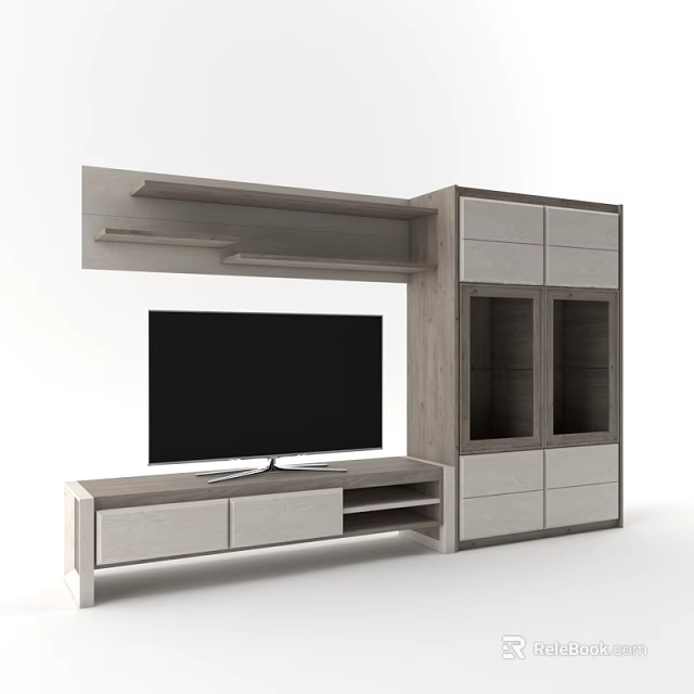 Modern Wooden TV Entertainment Center With Glass Doors Storage Cabinets And Shelves 3d model 