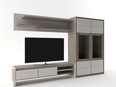 Modern Wooden TV Entertainment Center With Glass Doors Storage Cabinets And Shelves 3d model