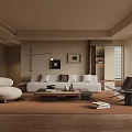 Modern Living Room With Beige Sofa Round Ottoman Coffee Table Floor Lamp And Wooden Flooring