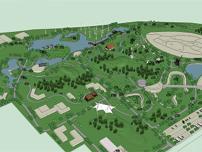 Scenic Park Landscape With Lakes Trees Windmills Buildings Circular Areas and Paths 3d model