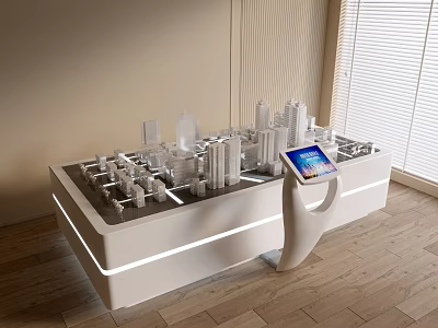 Modern Sand Table Display With Illuminated Model Buildings And Interactive Tablet 3d model