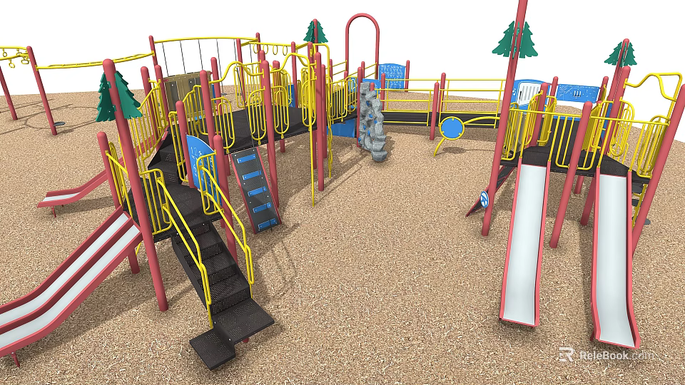 Colorful Playground Equipment With Slides Steps Yellow Railings And Tree Decorations 3d model 