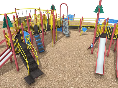 Colorful Playground Equipment With Slides Steps Yellow Railings And Tree Decorations 3d model