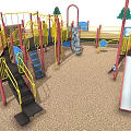 Colorful Playground Equipment With Slides Steps Yellow Railings And Tree Decorations