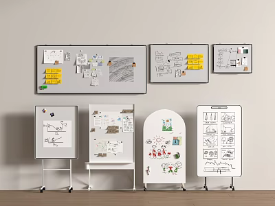 Organized Wall Mounted Stand Up Whiteboards Bulletin Boards With Notes Drawings Sticky Notes 3d model