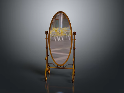 Oval Floor Mirror With Golden Decorative Metal Stand And Portable Wheels For Home Living 3d model
