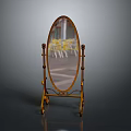 Oval Floor Mirror With Golden Decorative Metal Stand And Portable Wheels For Home Living