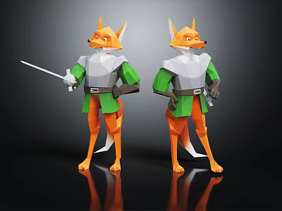 Two Origami Style Fox Characters Standing With Green Outfits And Swords 3d model