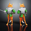 Two Origami Style Fox Characters Standing With Green Outfits And Swords