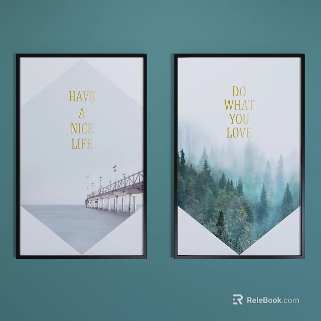 Landscape Paintings Wall Art Decor With Misty Forest Pier And Inspirational Text 3d model 
