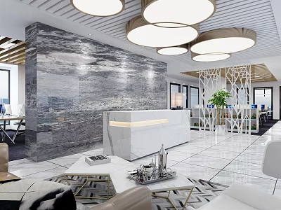 Elegant Reception Desk Area With Marble Feature Wall Circular Pendant Lights And Modern Open Layout 3d model